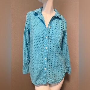 J. CREW Women’s Turquoise Eyelet LS  Button-Down Top Shirt Size M